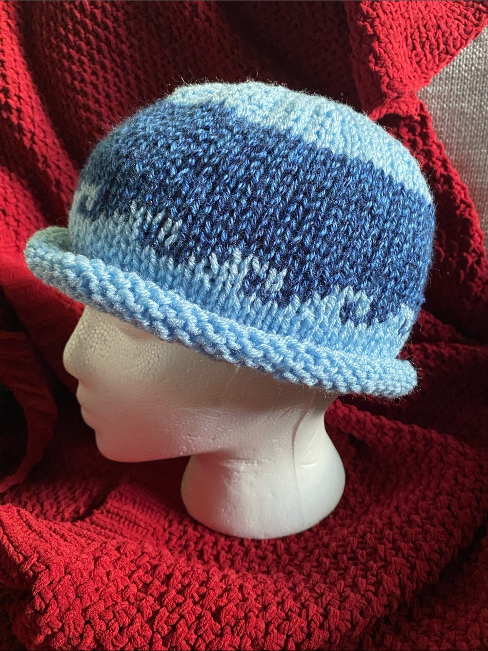 Blue Wave Hand-Knit Beanie Hat - one size fits all
